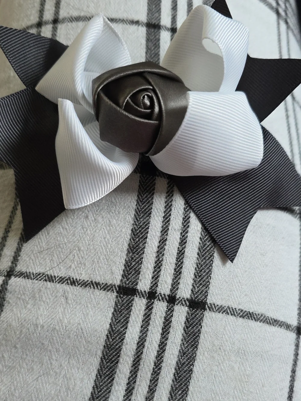 Black and White Ribbon Rose Hair Bow